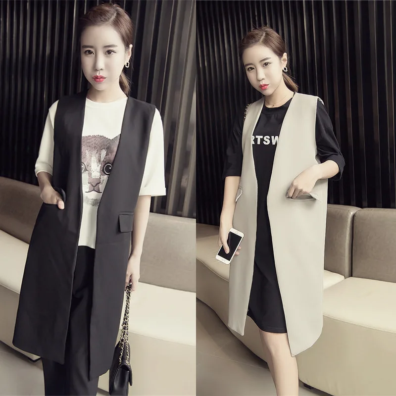 2017 Spring Brief Slim Black Ladies Long Waistcoat Black Women's Vests