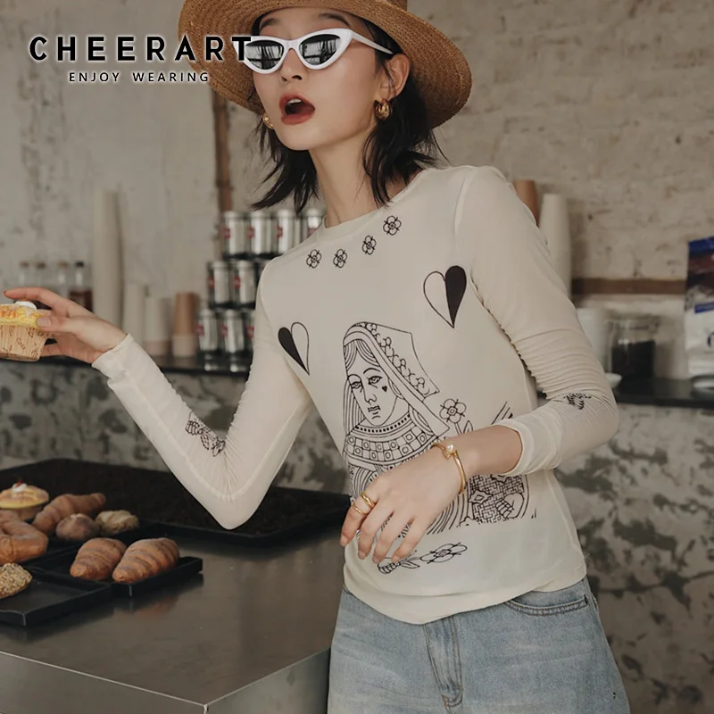 Cheerart Сетчатая футболка женский прозрачный летний топ с длинным рукавом и принтом
