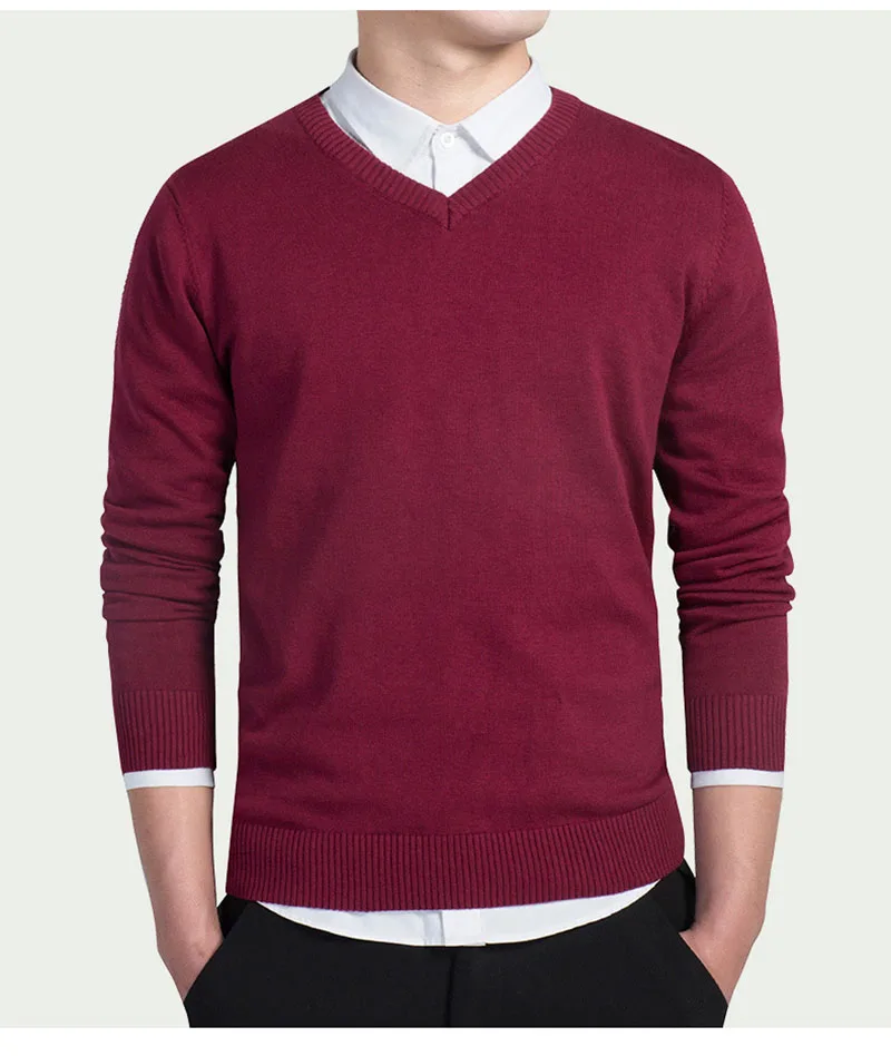 Вязаные свитера с v-образным вырезом, осень, модные повседневные мужские свитера, пуловер, облегающий хлопок, однотонный мужской пуловер размера плюс M-3XL