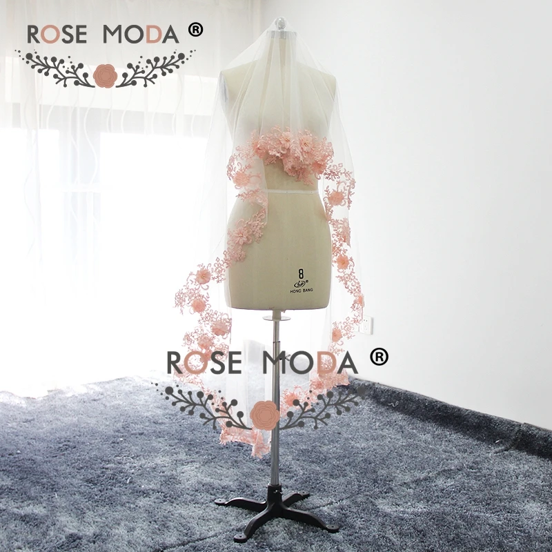 Rose Moda, сделанная на заказ, 200 см, Соборная вуаль с розовым кружевным подолом, мягкая Тюлевая Фата для невесты, белая, слоновая кость, 2 м, цветы ручной работы