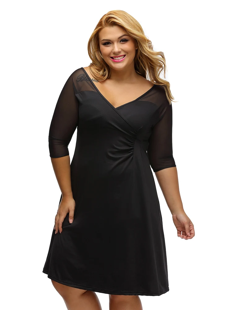 Adogirl 2017 Sexy Big Sizes XXL Mesh Half Sleeves Women Midi Dresses Black-1
