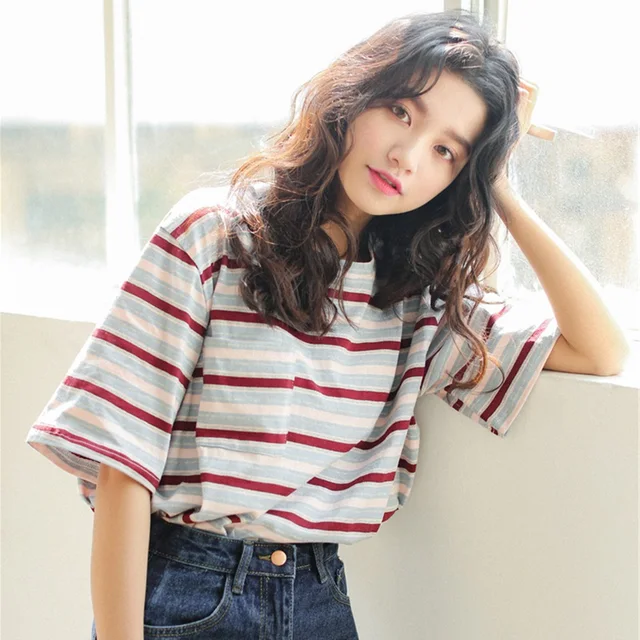 2018 summer Women Casual Loose stripe Printed t-Shirts Ulzzang Harajuku Girlfriends Short Sleeve Comfortable student tee Tops
