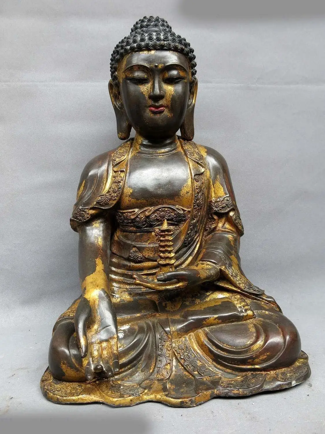 

17" China bronze gild sculpture fine copper carved buddhism pagoda Buddha Statue