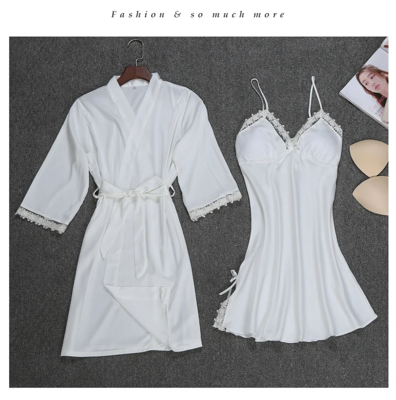 Женский сексуальный Шелковый Атласный халат, комплект из 2 предметов, кружевная Пижама, Одноцветный халат, набор, летняя одежда для сна, домашняя одежда