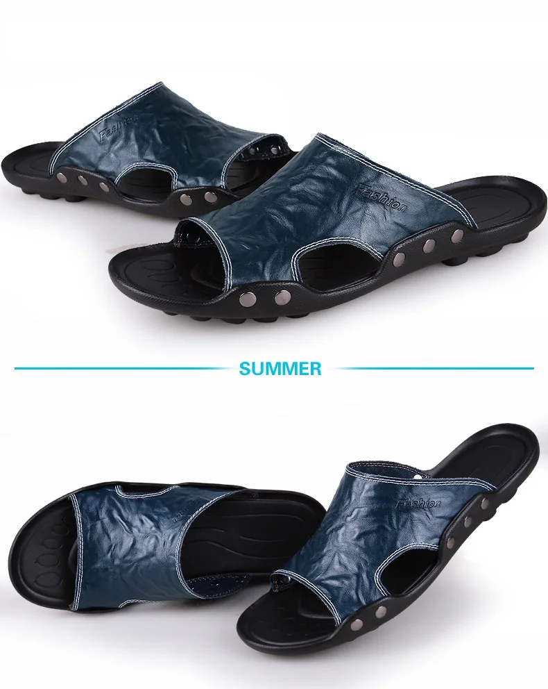 2018 New Men Genuine Leather Holiday Beach Shoes Flip Flops Men's Casual Flat Shoes Sandals Summer Slippers For Men (14)