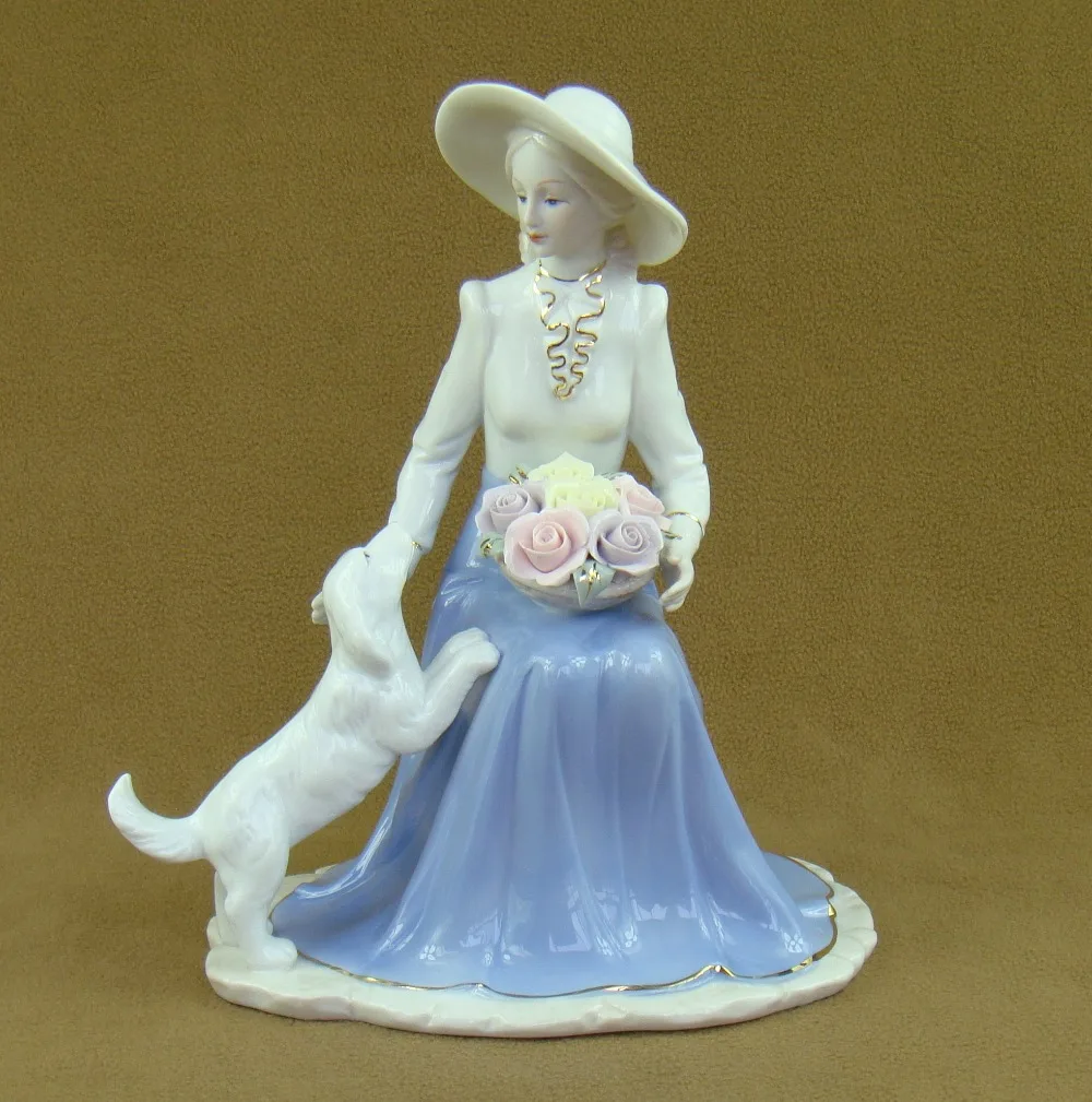 

Retro Porcelain Lady and Puppy Sculpture Handmade Ceramics Beauty Girl and Doggie Statue Decor Art and Craft Ornament Furnishing