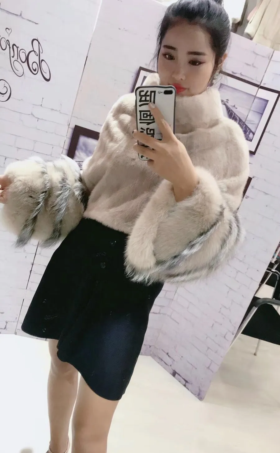100% natural mink fur poncho with fox fur sleeve (13)