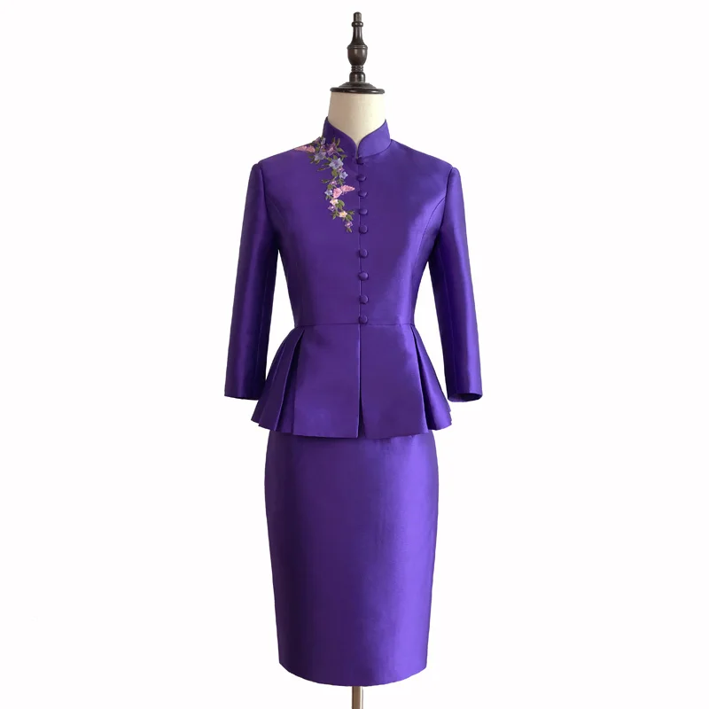 Костюм с вышивкой высококачественный китайский вышитый костюм с юбкой Модный женский комплект фиолетовые блейзеры и юбка комплект из 2 предметов