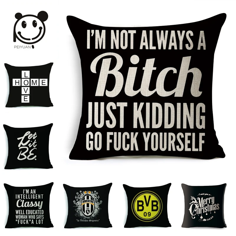 

PEIYUAN Wholesale New Design Custom Pillow Case Printed Text Linen Black Square Throw Cushion Cover