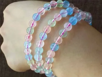 

6mm Genuine Colorful Natural Morganite Bracelets For Women Crystal Round Bead Three 3 Laps Bracelet