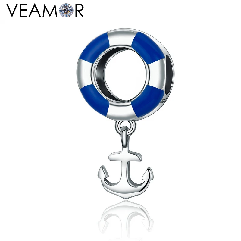 VEAMOR Authentic 925 Sterling Silver Blue Enamel Life Buoy &amp Anchor Dangle Charms Beads Fit Pandora Bracelets DIY Jewelry Making |
