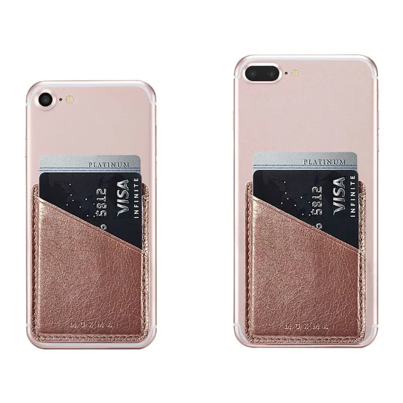 Hot New Women Men Ultra Slim Leather Mobile Phone ID Card Holder Wallet Credit Pocket Adhesive Sticker New 5 Colors - Цвет: Rose Gold