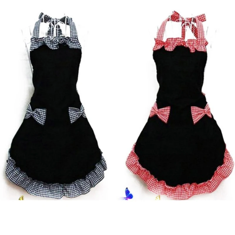 Adjustable Lovely Lace Work Apron Kitchen Cooking Women Ladies Lace Sexy Aprons with Bow Knot Pocket Kitchen Bib Apron for Women