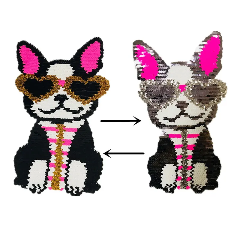 

Dog wearing heart glasses Reversible Change color Sequins Sew On Patches for clothes DIY Patch Applique Bag Coat Sweater Crafts