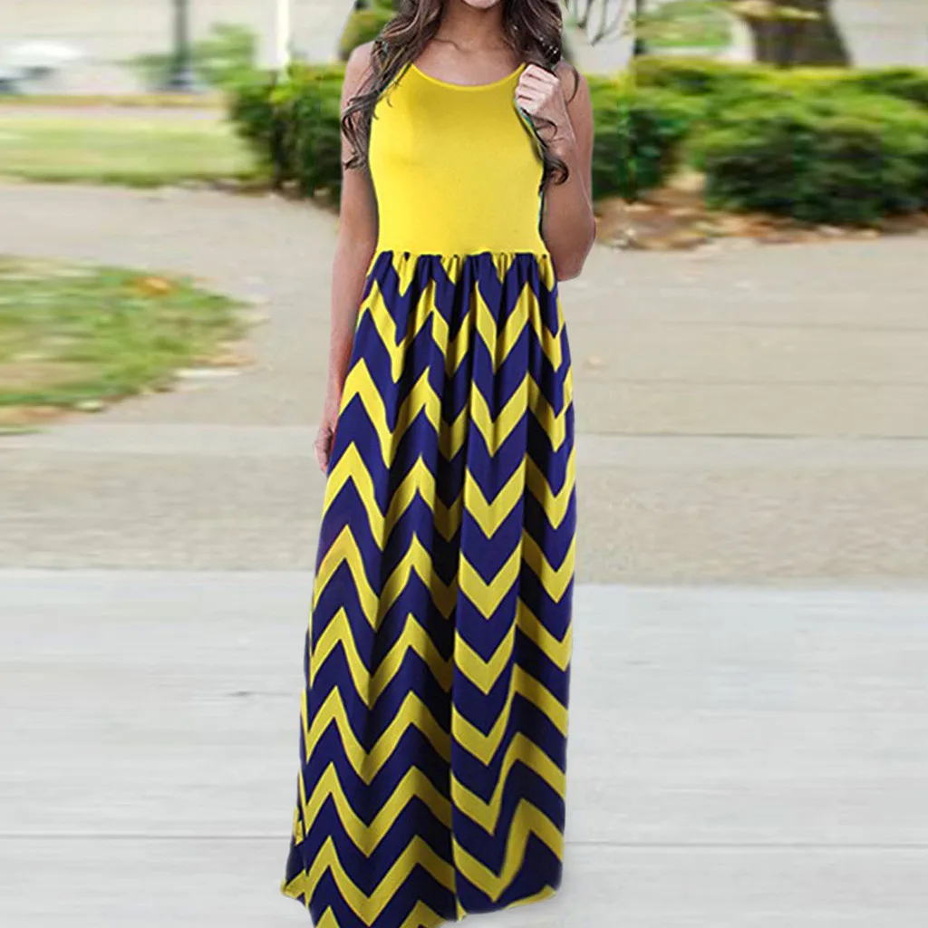

Feitong Ladies Striped Maxi Dress Women Casual Striped Boho Sleeveless Beach Summer Sundress Splice Maxi Dress Robe Longue Femme