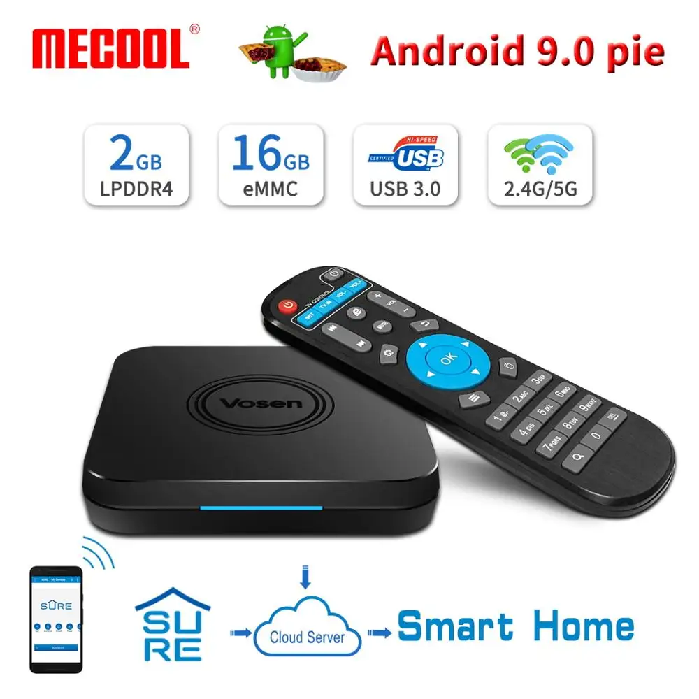 

2019 VOSEN V1 2GB DDR4 16GB ROM Smart Home TV Box with IOT Z-WAVE Android 9.0 2.4G/5G WiFi USB 3.0 4K Set Top Box
