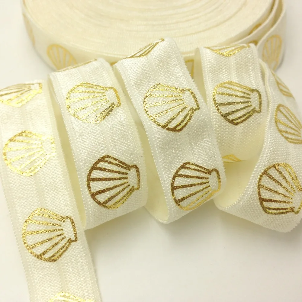 

5 Yards 5/8 Ivory Gold Sea Shell printed Fold Over Elastic, wedding Party decor, sewing tape accessories supplies