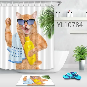 

Brushing cat 3D digital printing polyester waterproof shower curtain bathroom anti-slip mat doormat