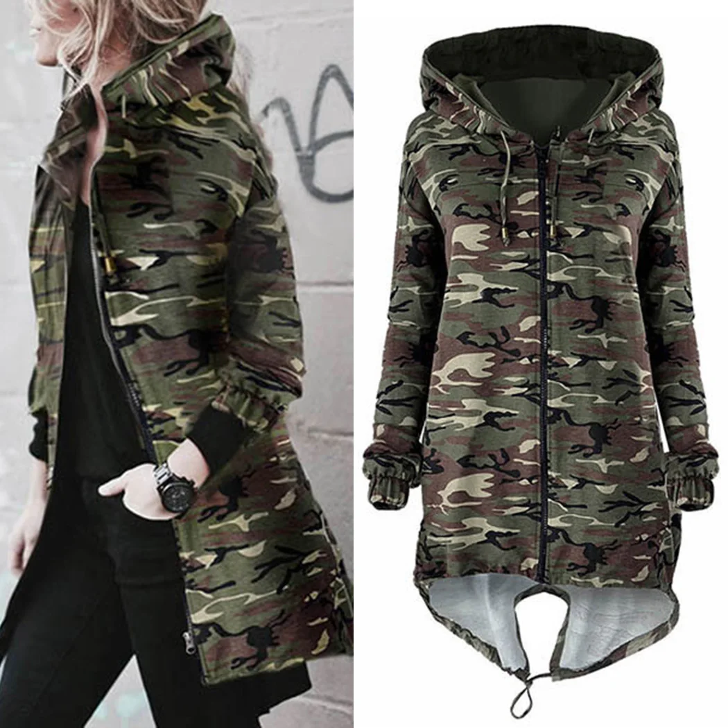 Autumn Winter Women Camouflage Jacket Windbreaker Long Drawstring