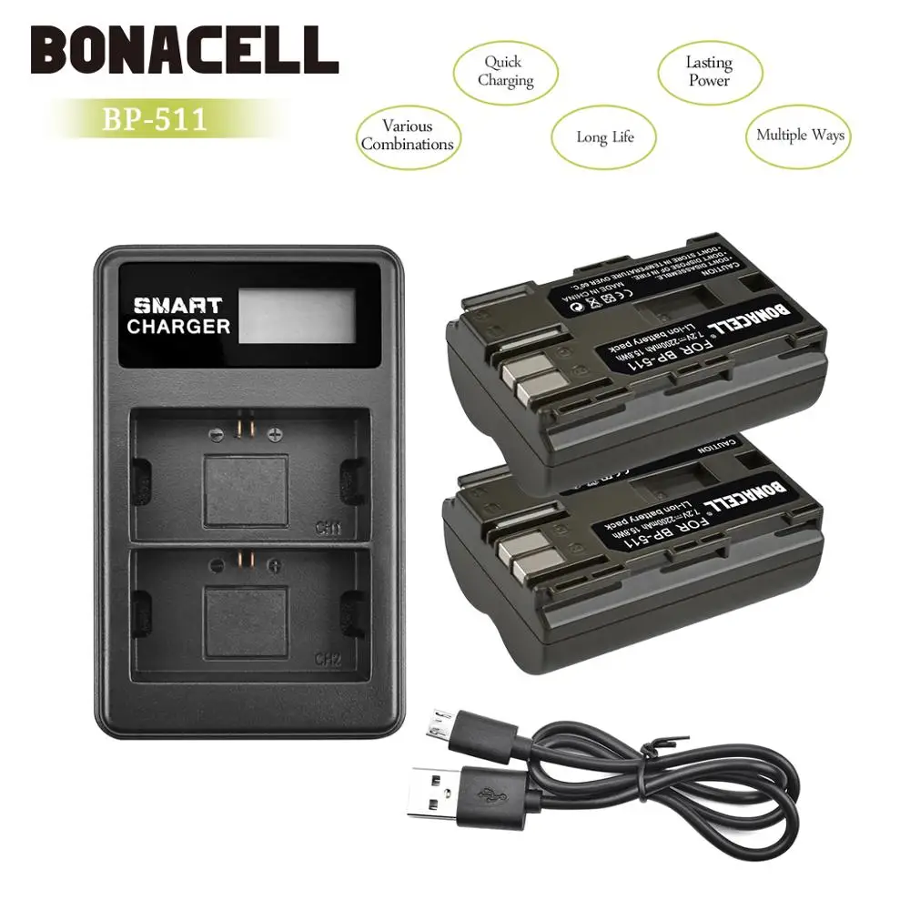 Bonacell 7,2 V 2200 мА/ч, BP-511 BP-511A BP 511A Батарея+ ЖК-дисплей двойной Зарядное устройство для цифровой однообъективной зеркальной камеры Canon EOS 40D 300D 5D 20D 30D 50D 10D G6 L10