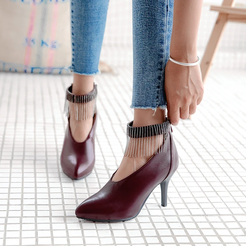 

Pointed Toe Women Pumps Thin High Heels Shoes Large Size 47 Fashion Spring Party Shoes Women Black Gold Elegant Chain Shoes