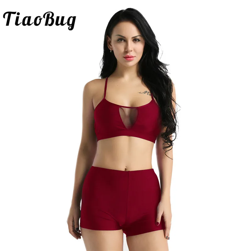 

TiaoBug Women Sleeveless Mesh Splice Gymnastics Ballet Shorts Crop Tops Activewear Set Adult Sports Fitness Stretchy Dancewear