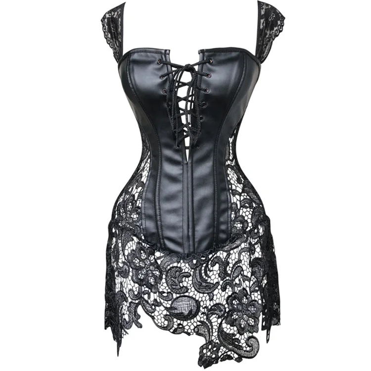 Sexy Lingerie Women Black Faux Leather&Lace Burlesque Steampunk Corset Dress Waist Gothic Bustier Corpet Plus Size