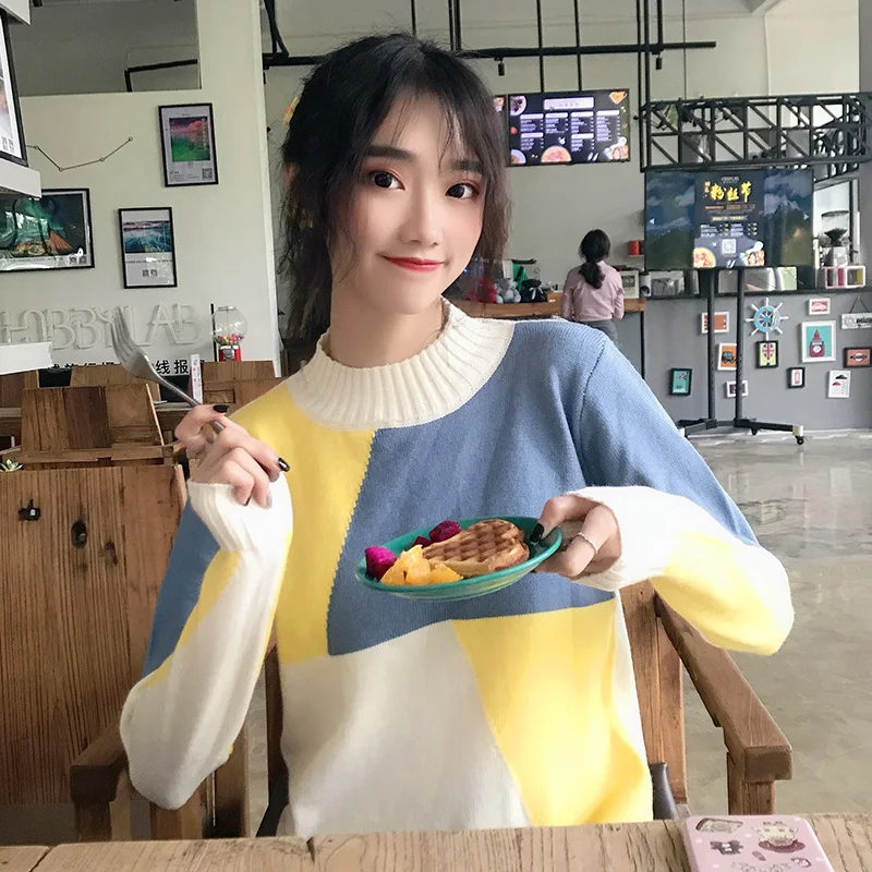 Корейский Повседневный вязаный женский свитер и пуловеры решетка длинный рукав белый негабаритный свитер