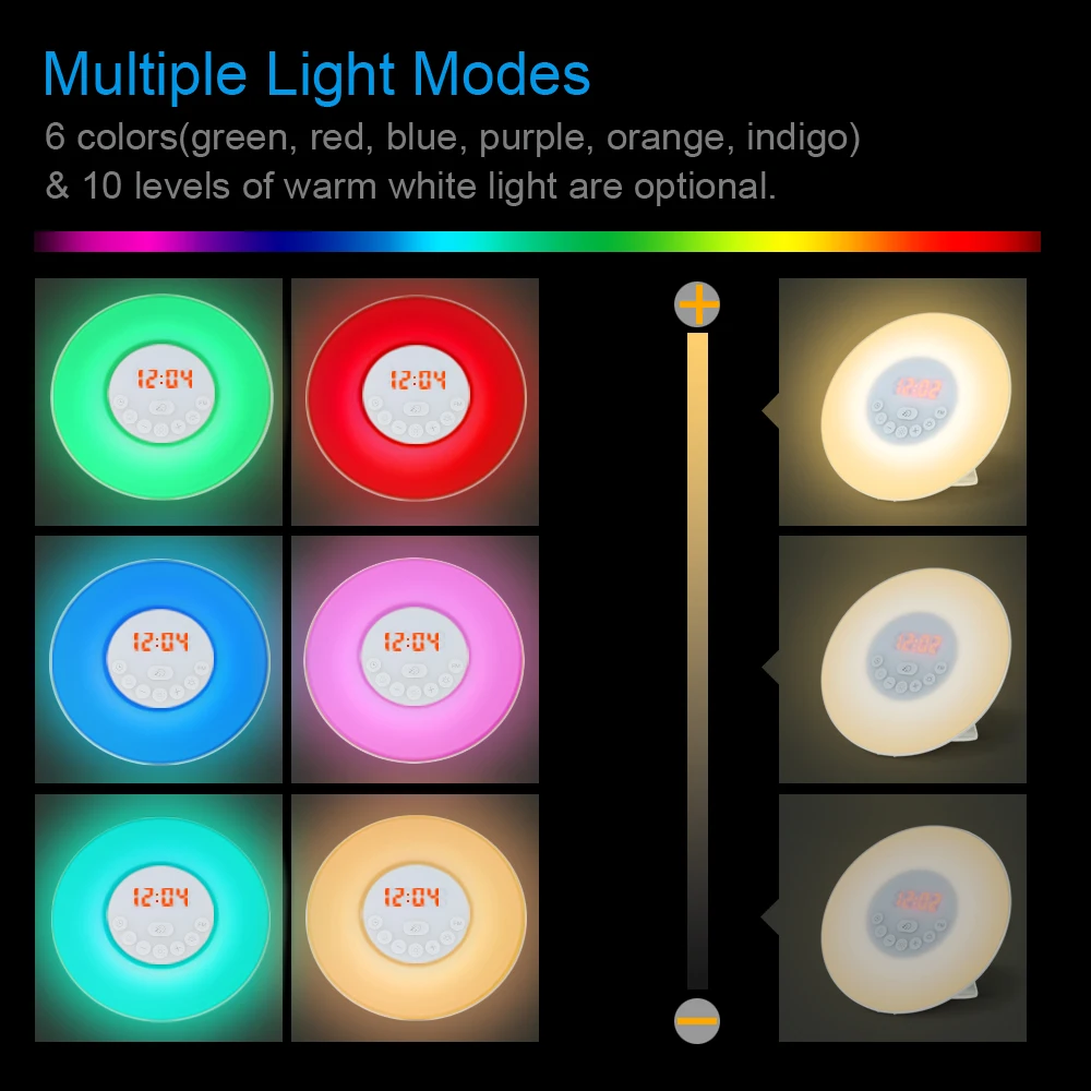 Светильник с будильником и будильником, имитация восхода/заката, цифровые часы, 7 цветов, светильник, функция повтора звуков, сенсорное управление, fm-радио