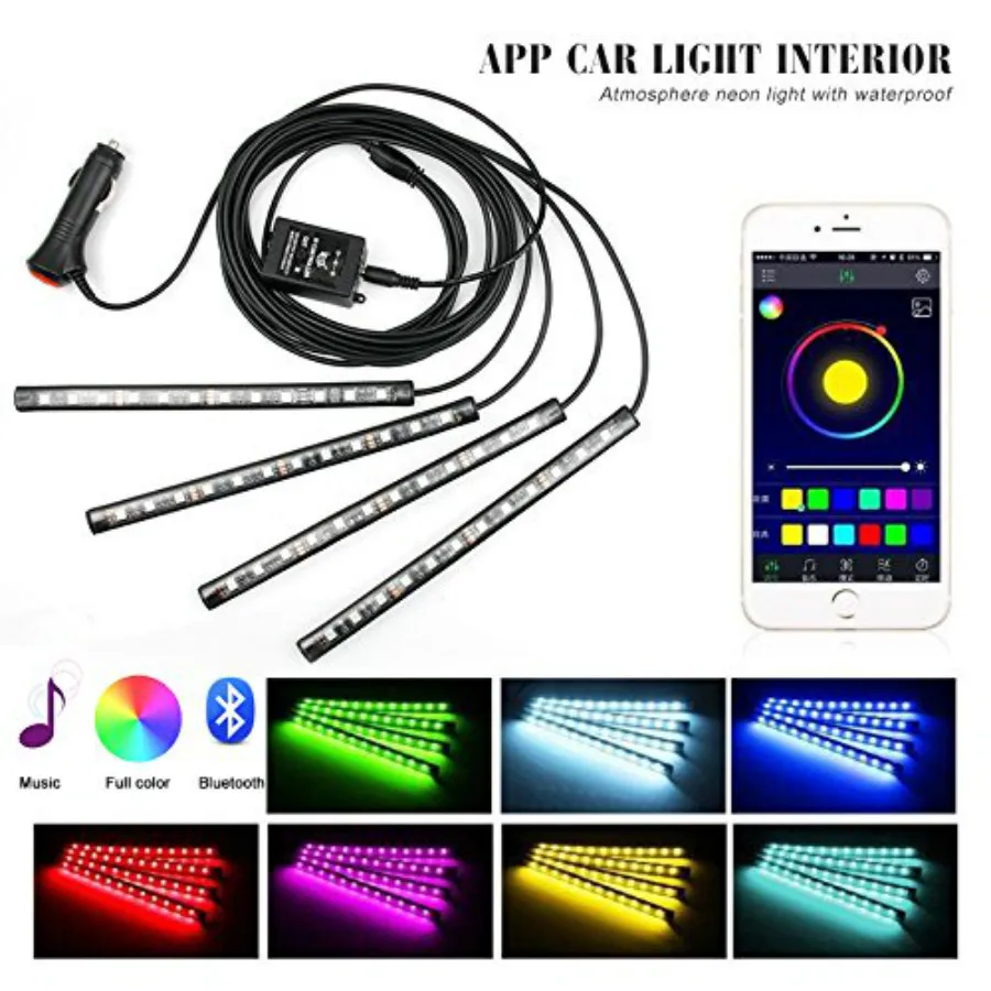 Салона Свет RGB смарт-4 шт. 36/48 светодиодов Многоцветный музыка Bluetooth App Управление под тире комплект освещения для iPhone Andrid