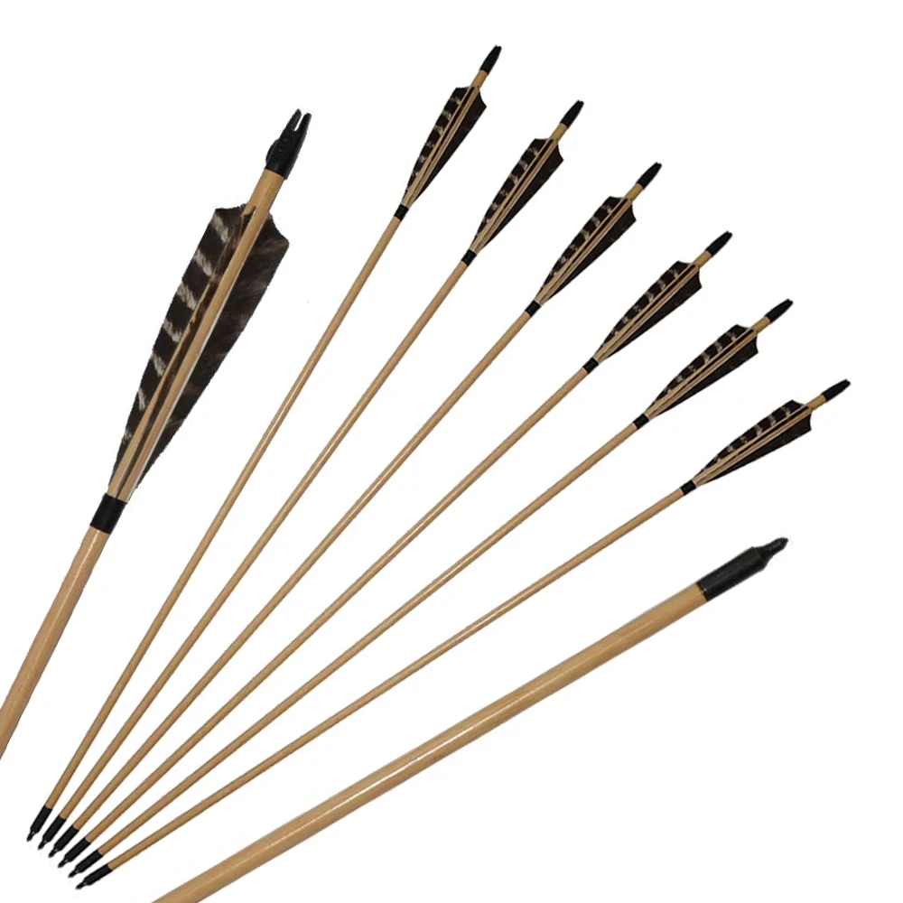 

6pcs Archery Wooden Arrows Shield Turkey Feather 33 inch Outdoor Hunting Arrow with Arrowheads and Nocks