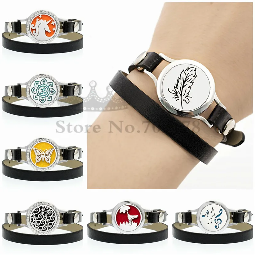 

Free 10pads! 25mm Feather/Unicorn/Hummingbird twist Essential Oil diffuser Locket Charm Bracelet Women PU leather Bracelet