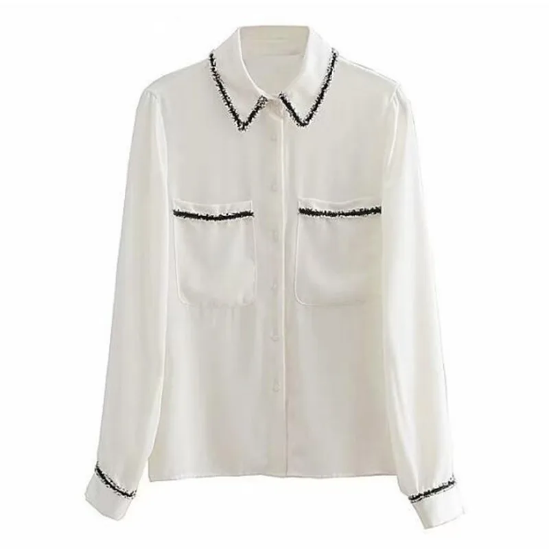 2019 Spring Contrast color Tassel Fringe White Women Shirt OL Ture down ...