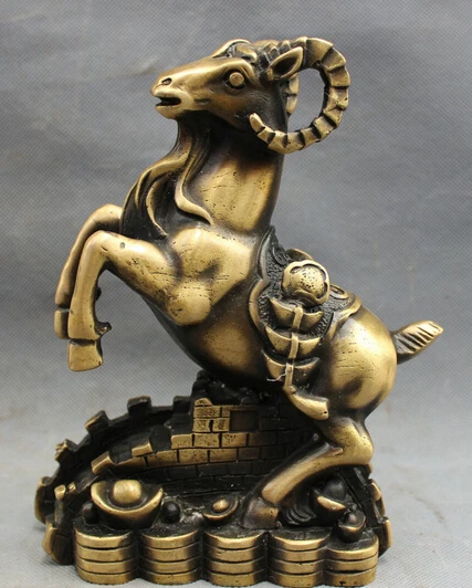 

wholesale factory 8" Folk Chinese Bronze Wealth Up Sheep Goat On Great Wall YuanBao Coin Statue