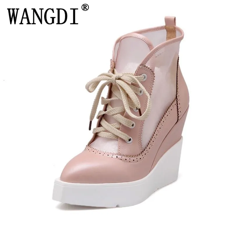 

2018NEW High Heels Wedge Pumps Lace Up Sexy Cut-out Mesh Platform Pumps Women Elegant Thick Sole Summer Fashion shoes