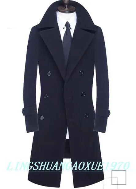 Зимнее двубортное шерстяное пальто, мужские тренчи, приталенное модное повседневное пальто, Мужское пальто, jaqueta masculina размера плюс S-9XL - Цвет: Черный
