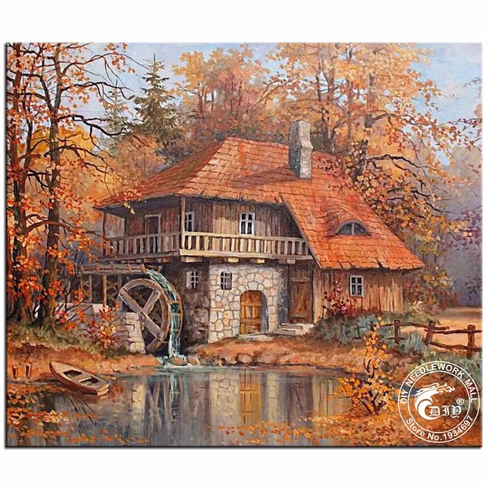 

DIY 5D Round Diamond Painting Cross Stitch Kits Old Mill Scenery Diamonds Embroidery Crystals Home Decor Diamond Mosaic Picture
