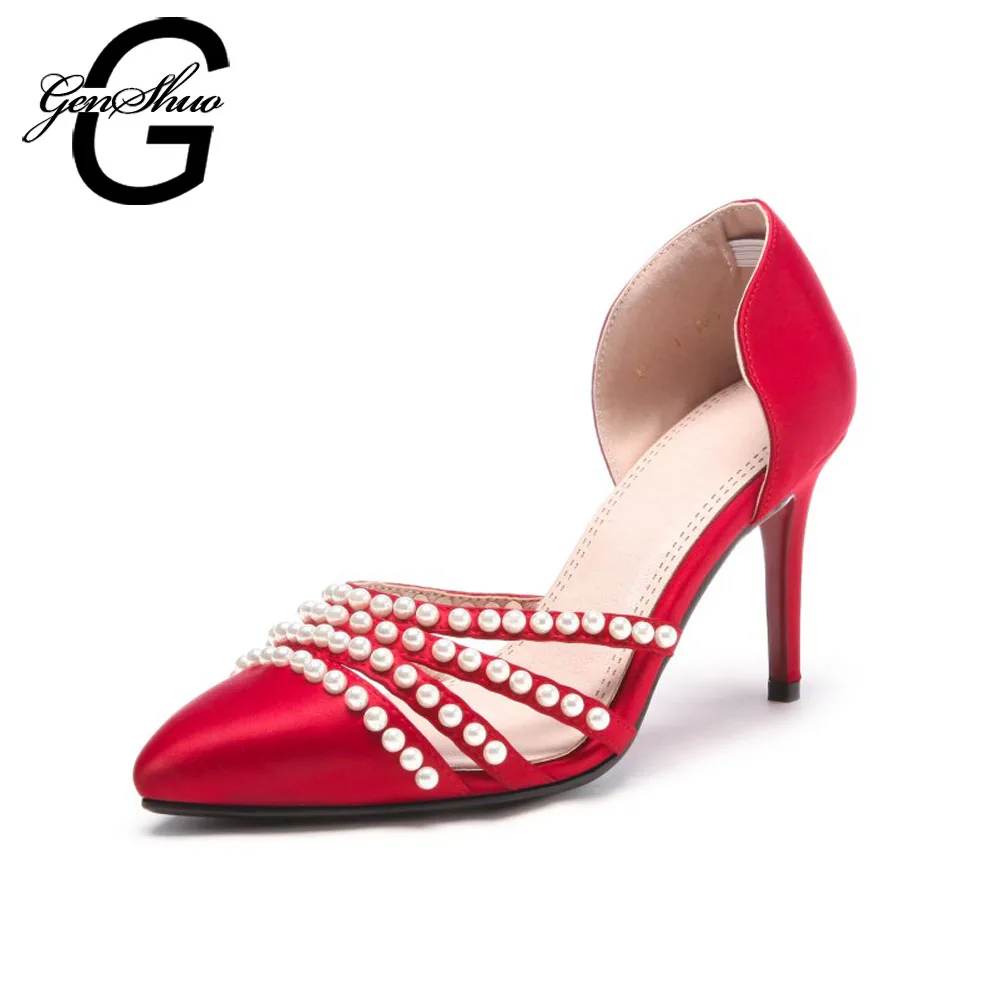 

GENSHUO Sexy Wedding Shoes Women Pumps High Heels Shoes Fashion Pearl Pointed Toe String Bead Stiletto Women High Heels Pumps