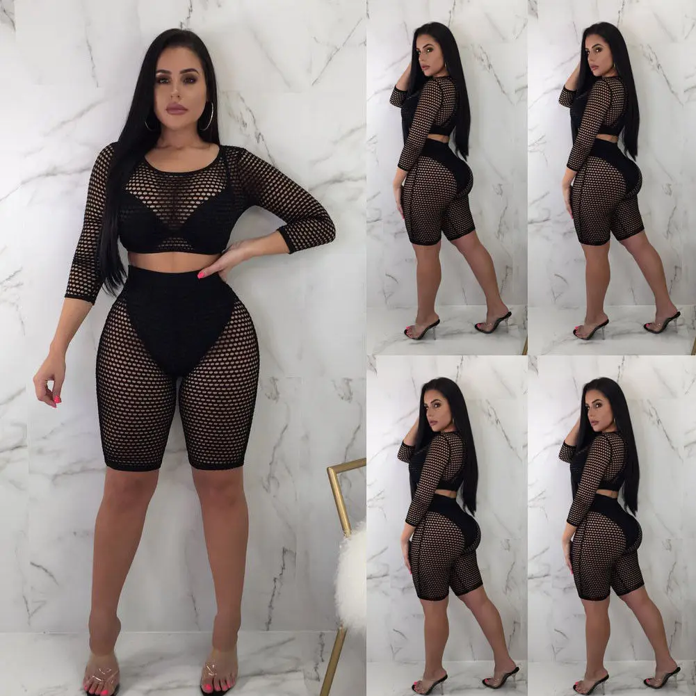 

Sexy Womens Net Sets 2018 New Summer Ladies Three Quarter Sleeve See Through Gauze 2Pcs Crop Top Shorts Set Jumpsuit S-XL