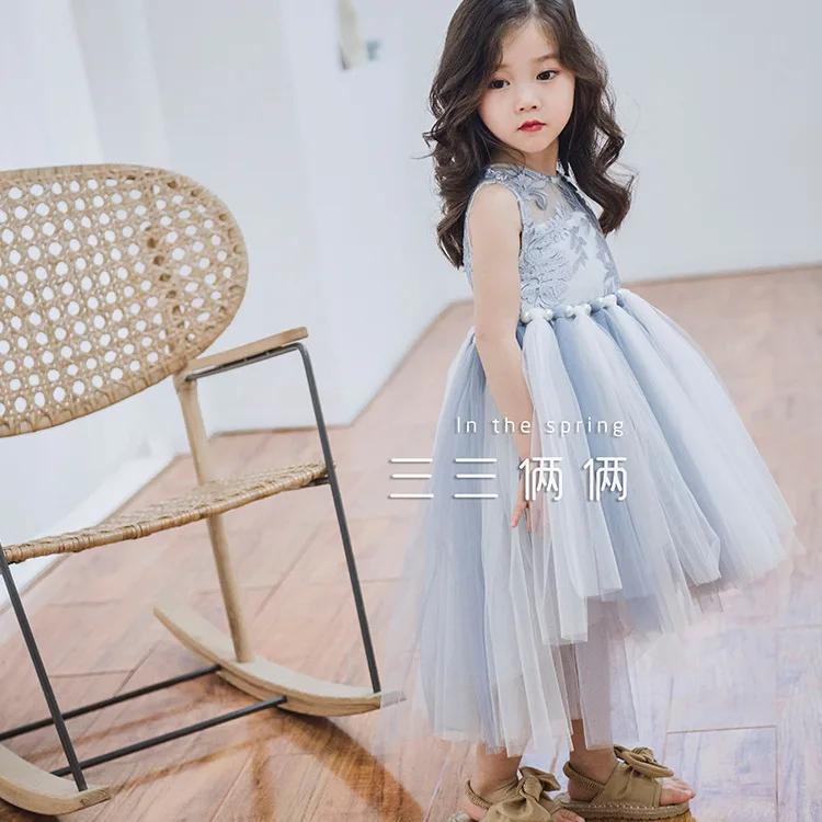 

Girls dress 2019 spring Korean version of the embroidered pearl dress veil dress sleeveless princess dress