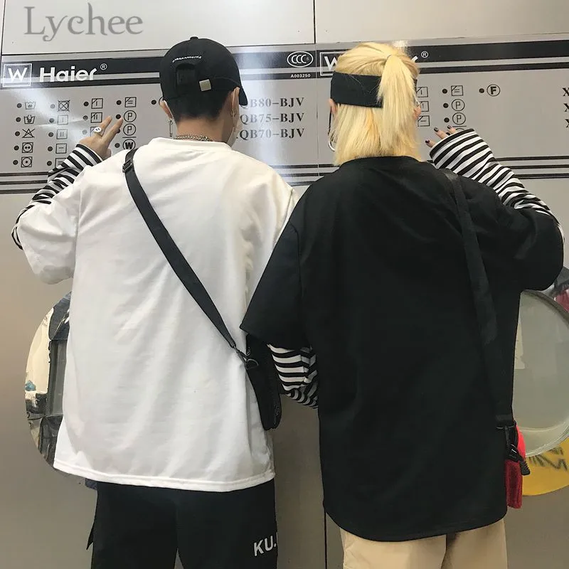 Lychee Осень Harajuku Angel письмо Полоса Лоскутная Женская футболка с круглым вырезом с длинным рукавом Повседневная Свободная Женская футболка Топ