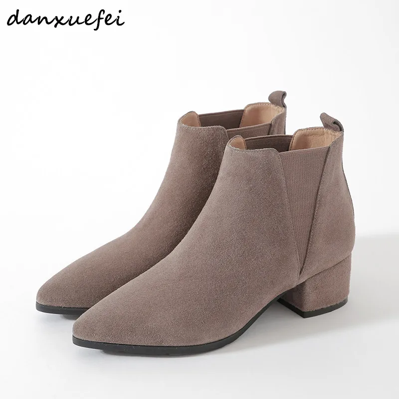 

Women's Genuine Suede Leather 4.5cm Med Heel Slip-on Ankle Boots Brand Designer Pointed Toe Comfortable Short Booties Shoes Sale