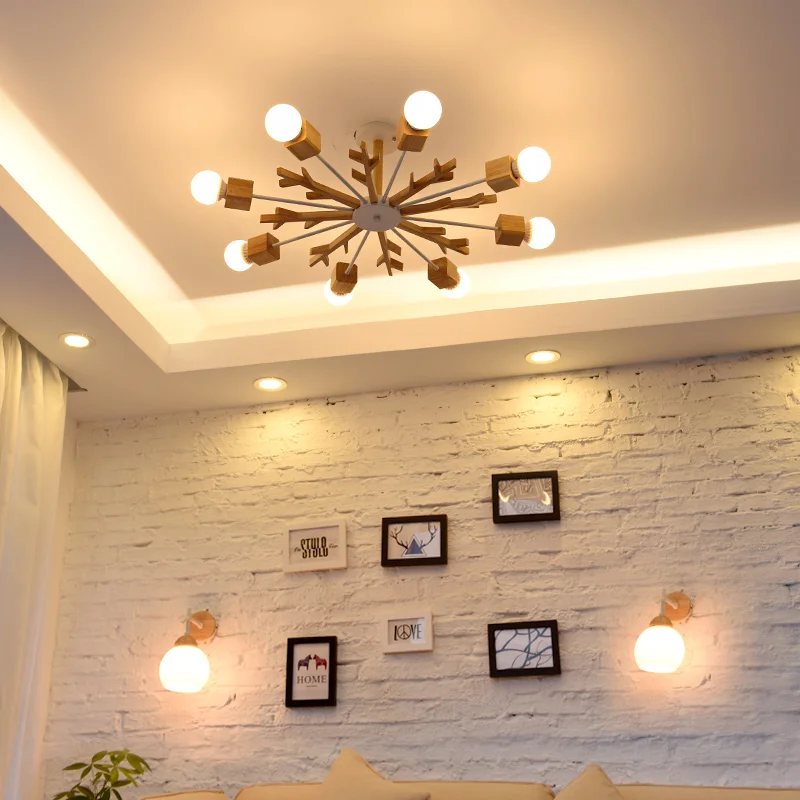 

Nordic wood pendant light study 3/6/8 head Korean pastoral fresh pendant lamps fashion bedroom antler Nordic droplight ZA82430