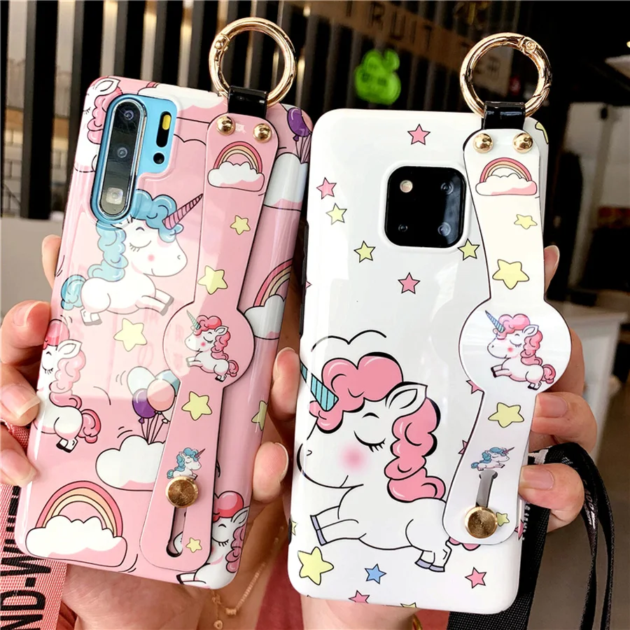 

unicorn silicon case for huawei P30 P20 pro honor 10 mate 20 pro nova 4 3 case cover cute cartoon wristband soft silicon holder