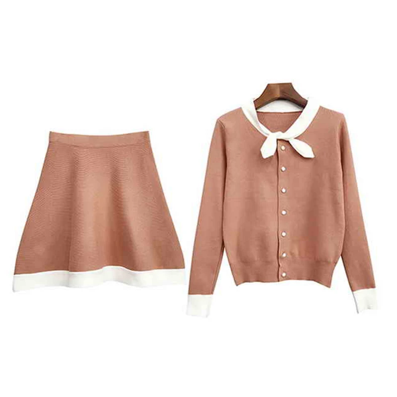 

PERHAPS U orange black apricot white patchwork full sleeve women bow pearls button mini skirt knitted two pieces set T0063
