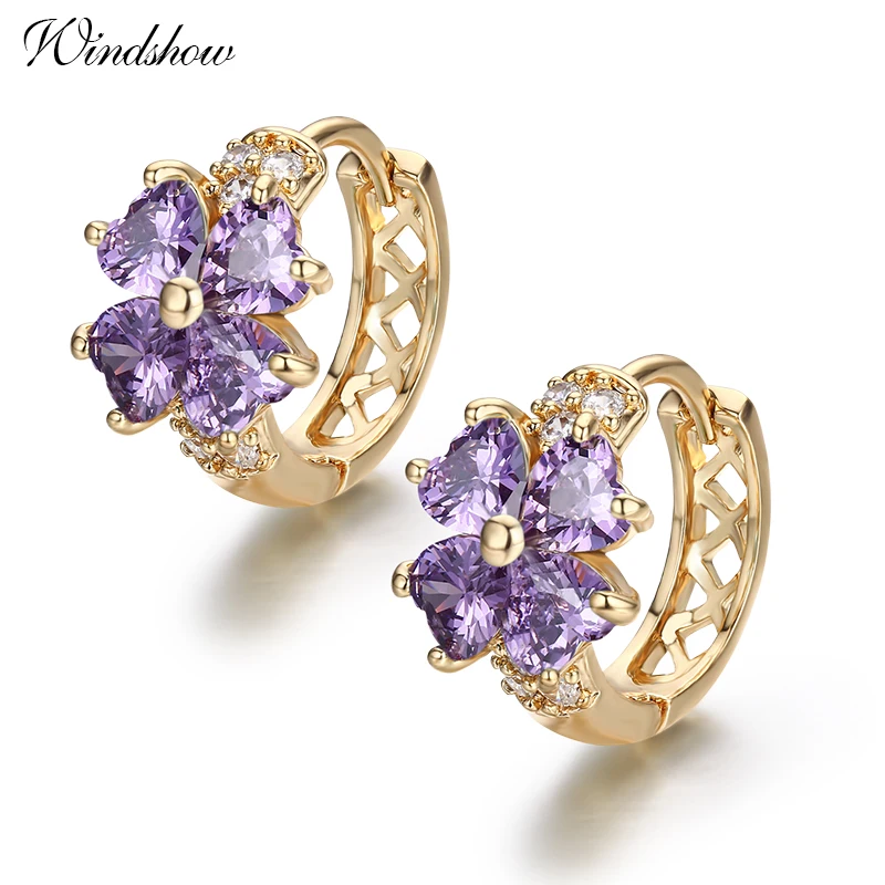 

Yellow Gold Color Lucky Four Leaf Clover Heart Cut Purple CZ Huggies Small Hoop Earrings For Women Girls Child Kids Jewelry Aros