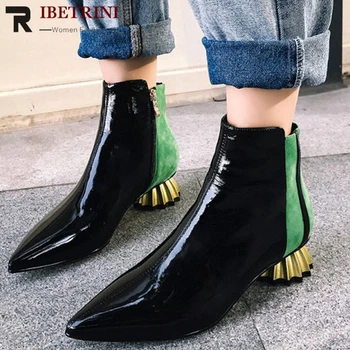 

RIBETRINI patent cow leather shoes women ankle boots mixed colors autumn low strange heels Pointed ankle Boots woman