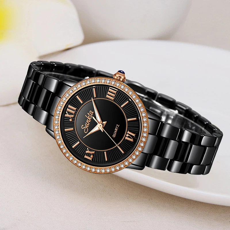 

SUNKTA Crystal Diamond Black Ceramic Women Watch Top Brand Luxury Clock Fashion Simple Waterproof Watches women Relogio Feminino