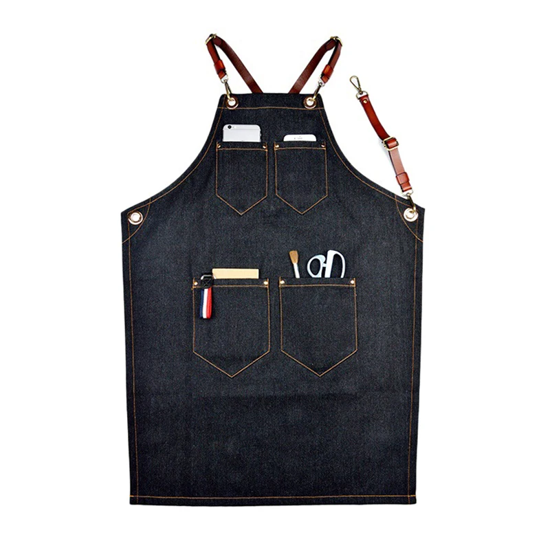 

Denim Bib Apron Leather Strap Barista Baker Work Uniform Bartender BBQ Chef Cook