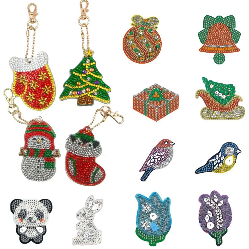 

4PCS DIY Diamond Key Chain Christmas/Animal Full Diamond Painting Keyring Key Chain Cross Stitch Embroidery Women Bag Keychains